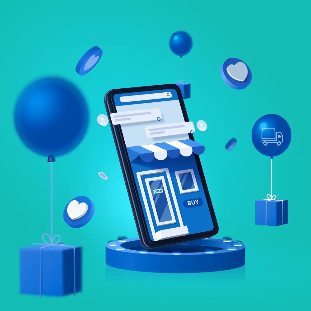 Ilustração de um smartphone com uma loja online 3D saindo da tela