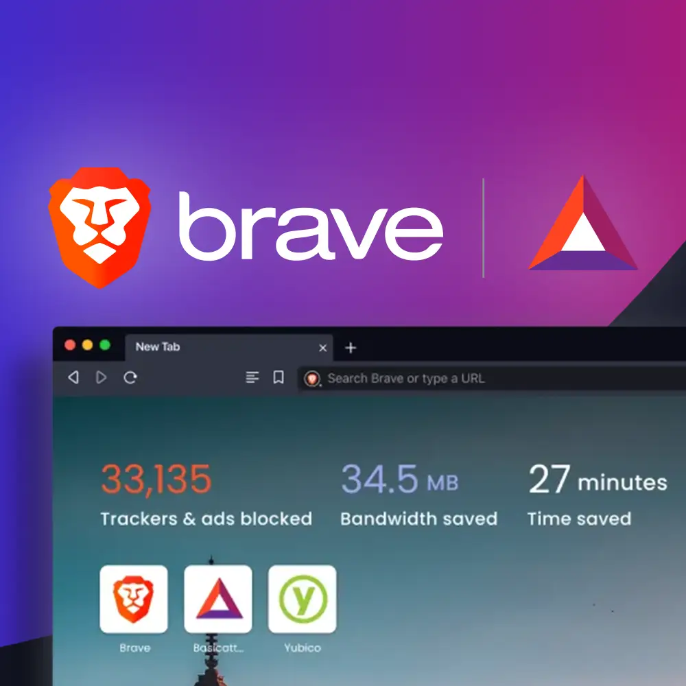 Ilustração do logo do navegador Brave com o símbolo da criptomoeda BAT