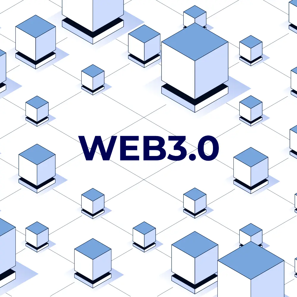Ilustração de vários cubos interligados representando a blockchain com "Web3.0" escrito no centro