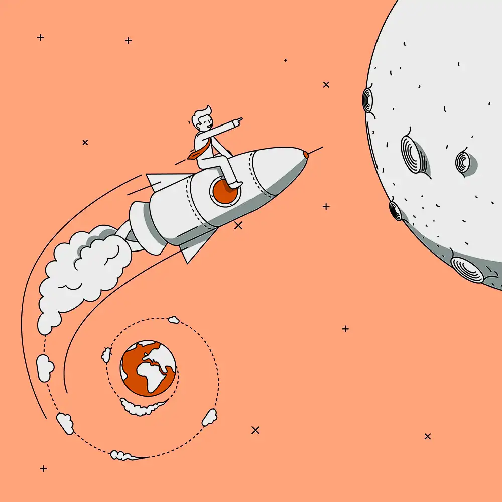 Ilustração de uma pessoa viajando em um foguete para a lua