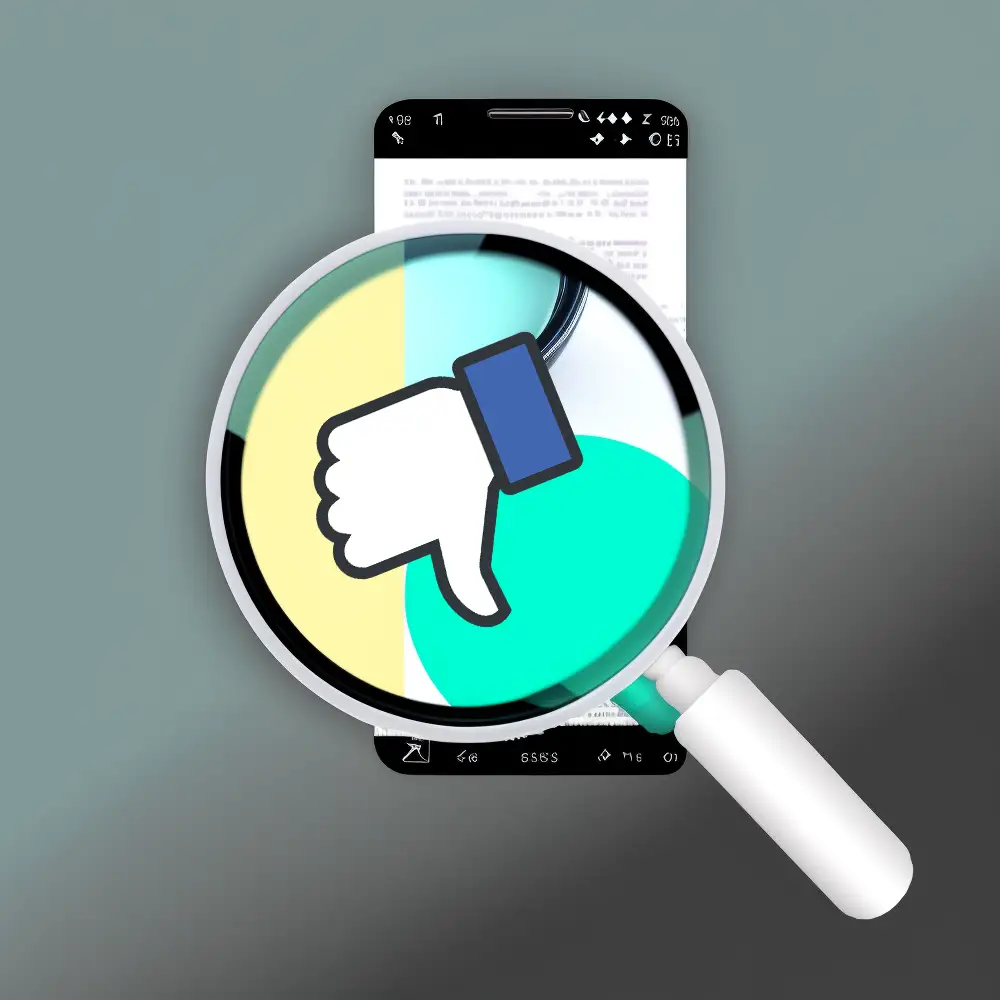 Imagem de uma lupa sobre um celular com um ícone de curtidas falsas
