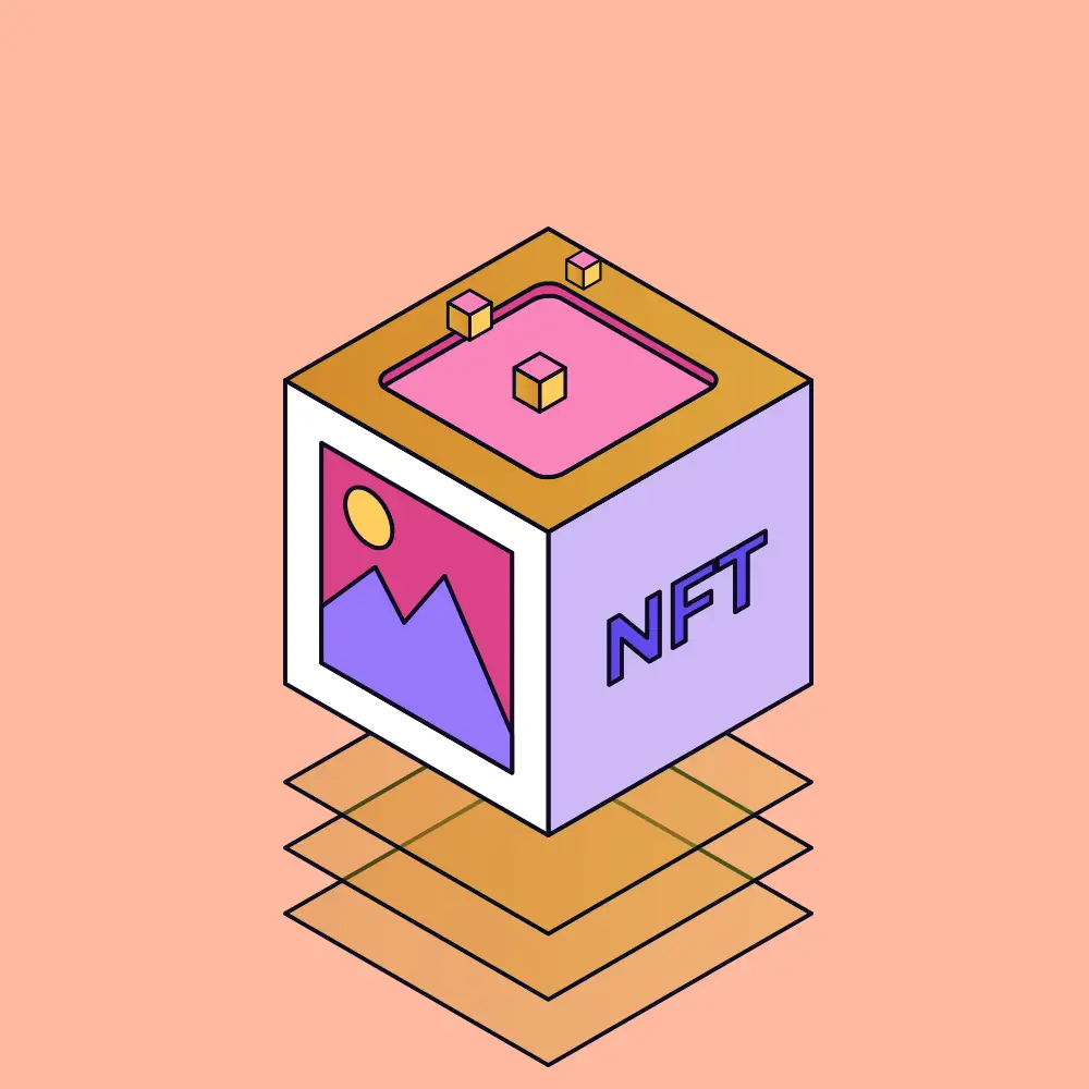 Imagem de um NFT exclusivo em destaque em um blockchain colorido.