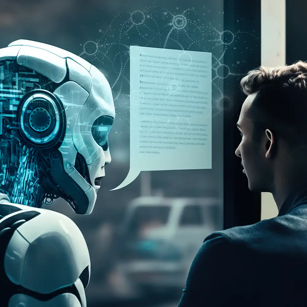 Imagem representando a Inteligência Artificial, com ilustração de um robô e uma rede neural.