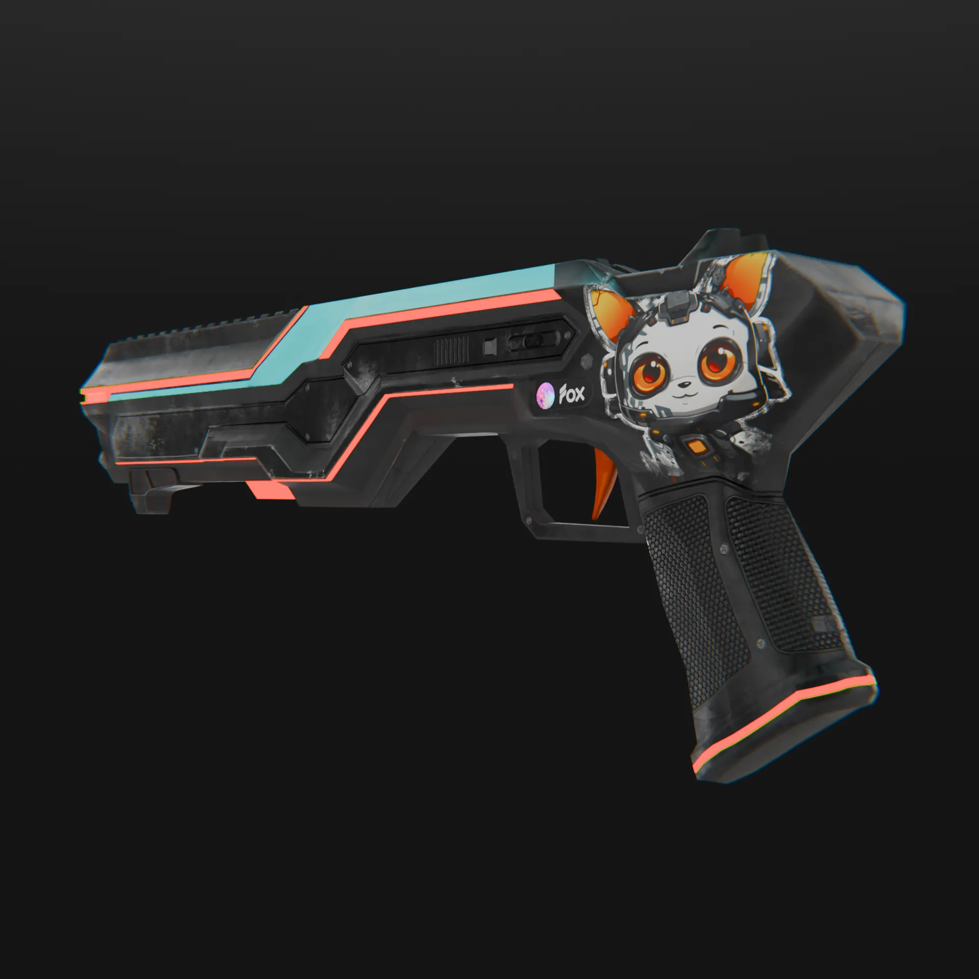 Clean studio render of cyberpunk weapon with fox character decal.