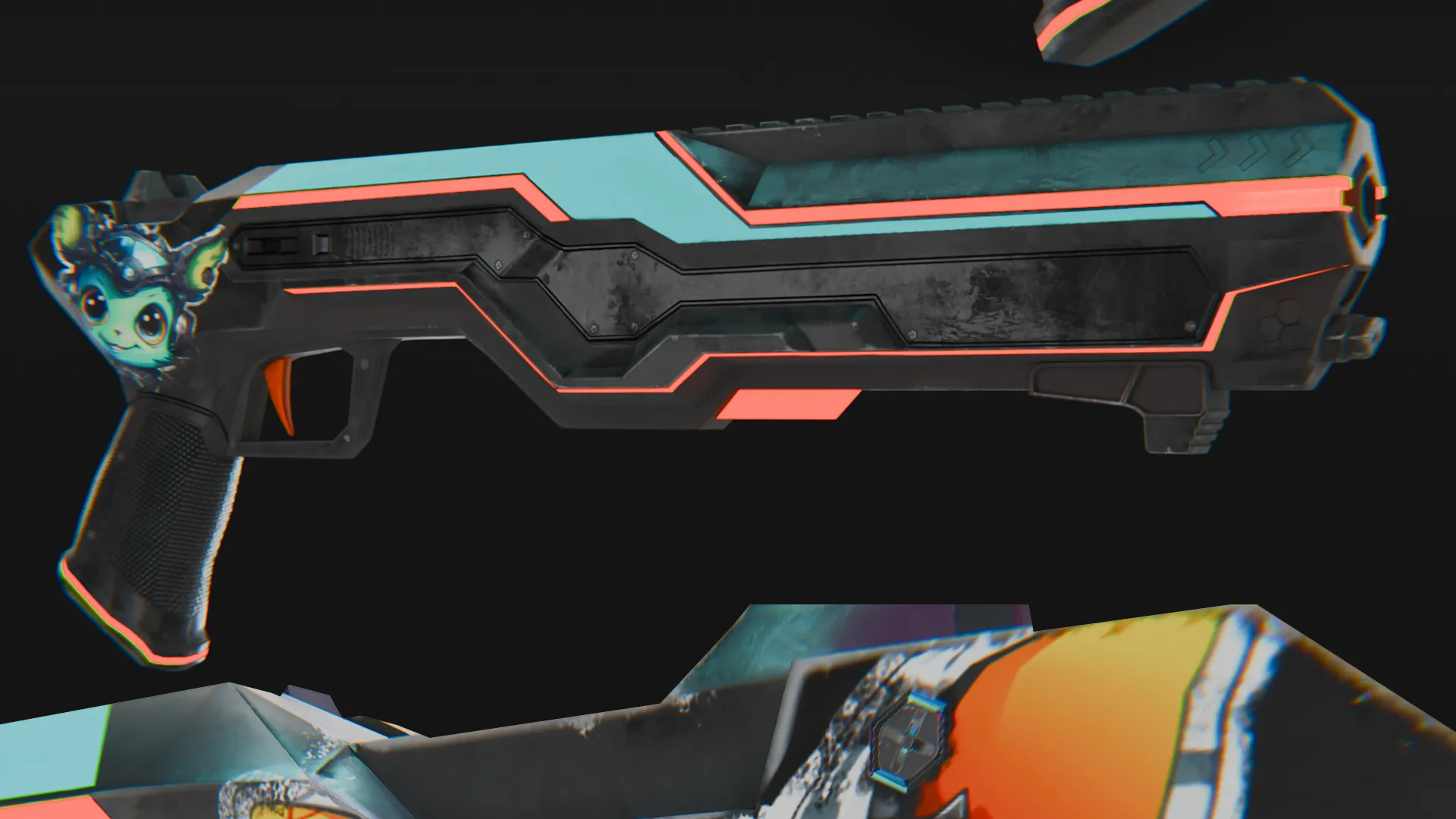 Opposite side render of a futuristic cyberpunk pistol featuring alternate fox decal.