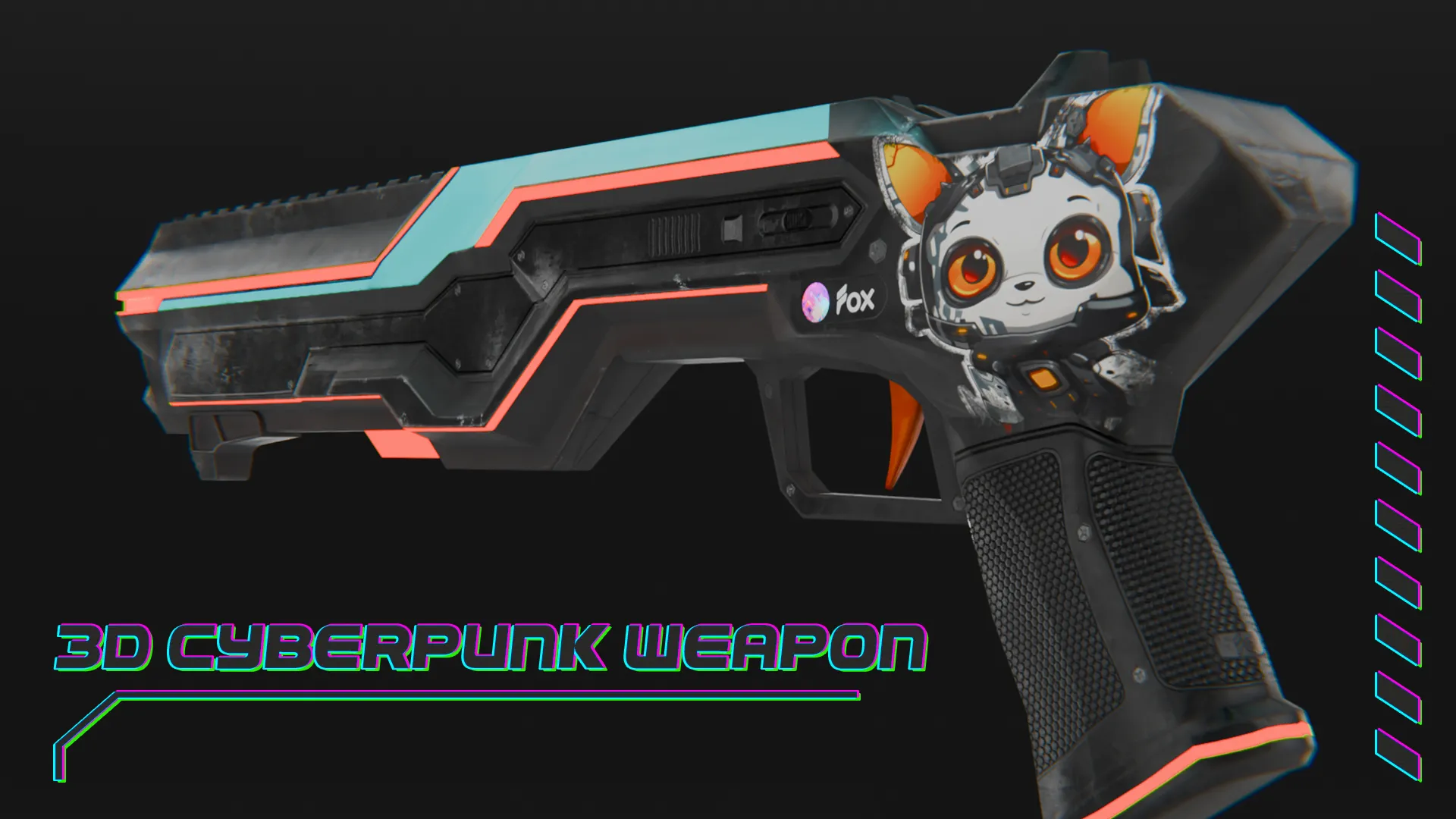 Cyberpunk weapon render with neon title typography and graphic UI elements.