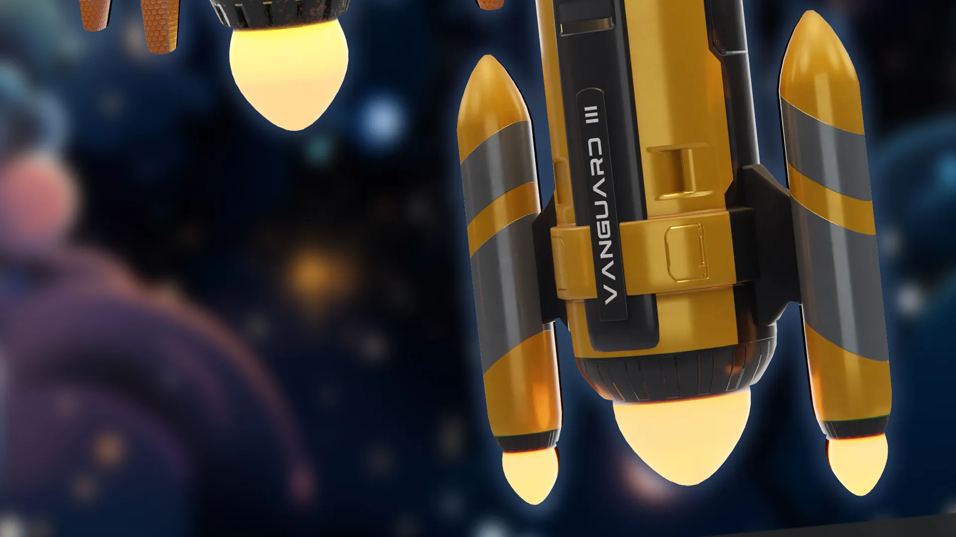 Yellow sci-fi spacecraft 3D render with glowing engines