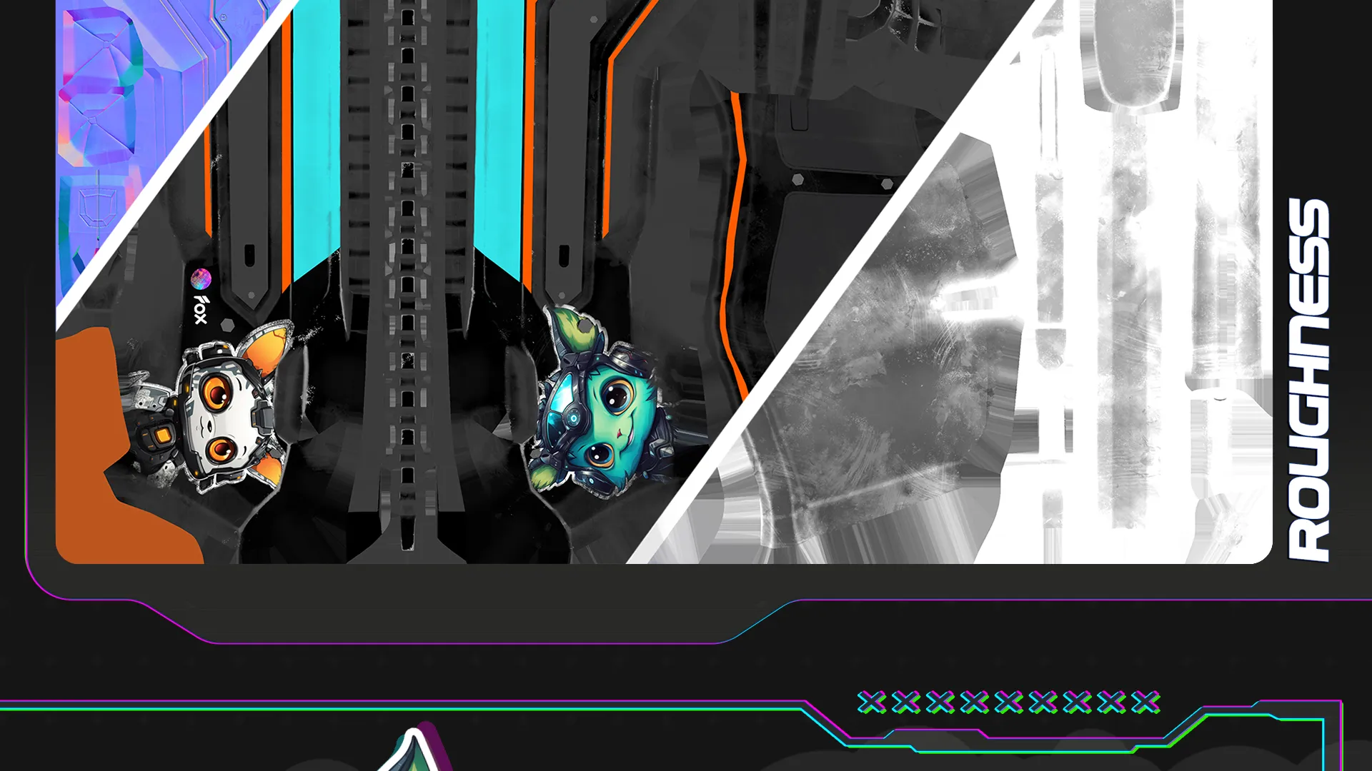 Normal map, base color map, and roughness map layout of cyberpunk weapon asset.