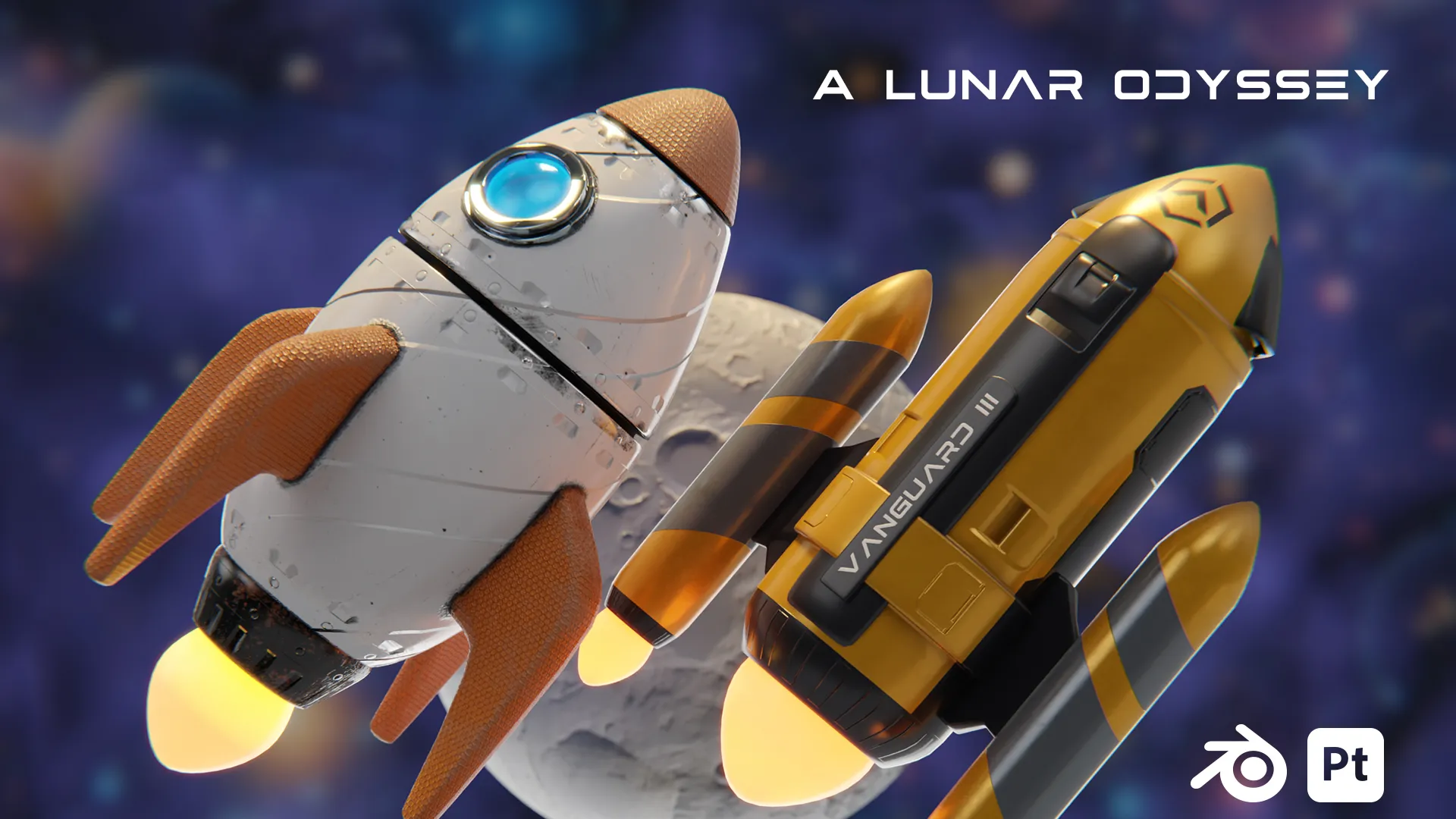 Stylized 3D rocket design in space created in Blender with cinematic lighting