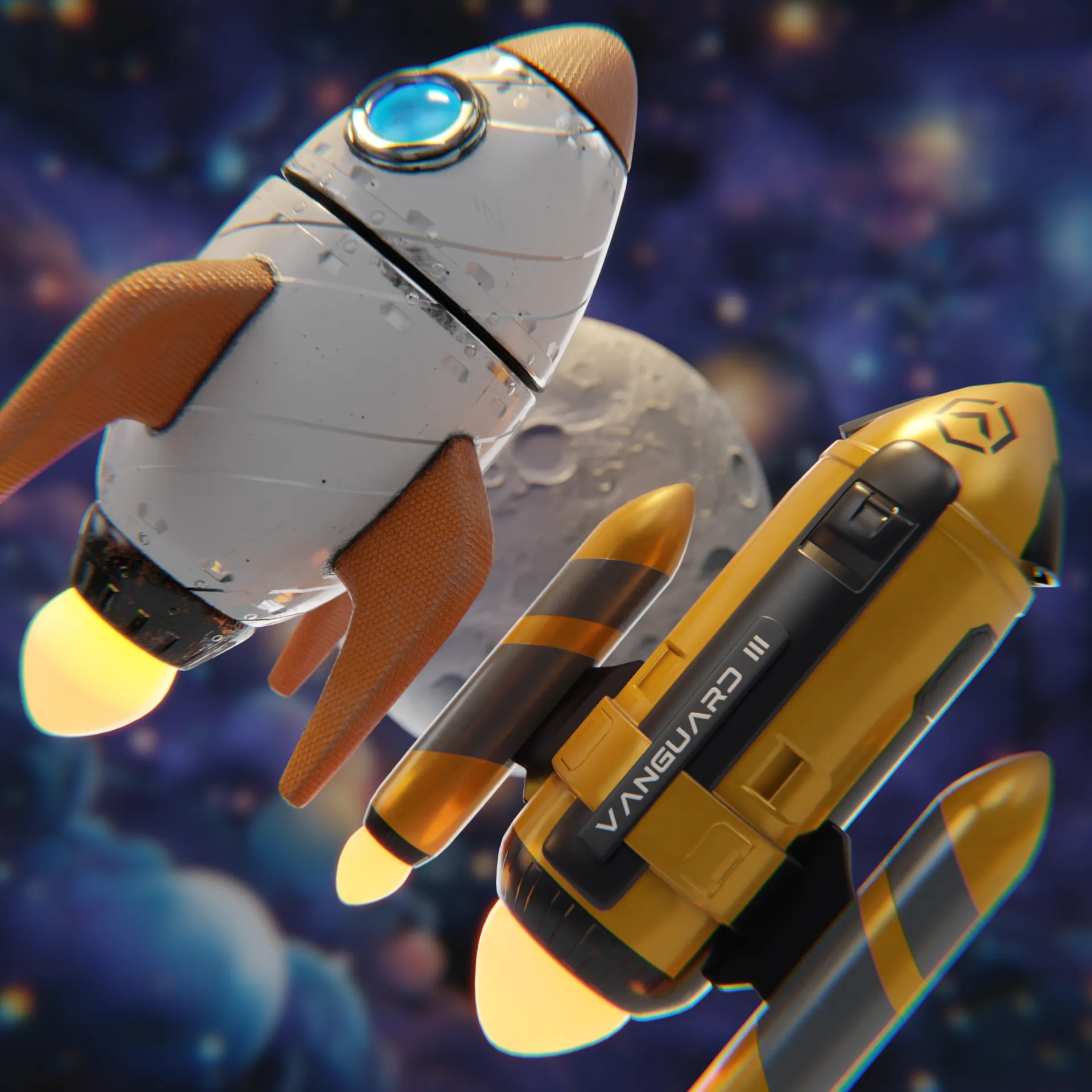 Stylized 3D rocket design in space with moon background created in Blender and Substance Painter