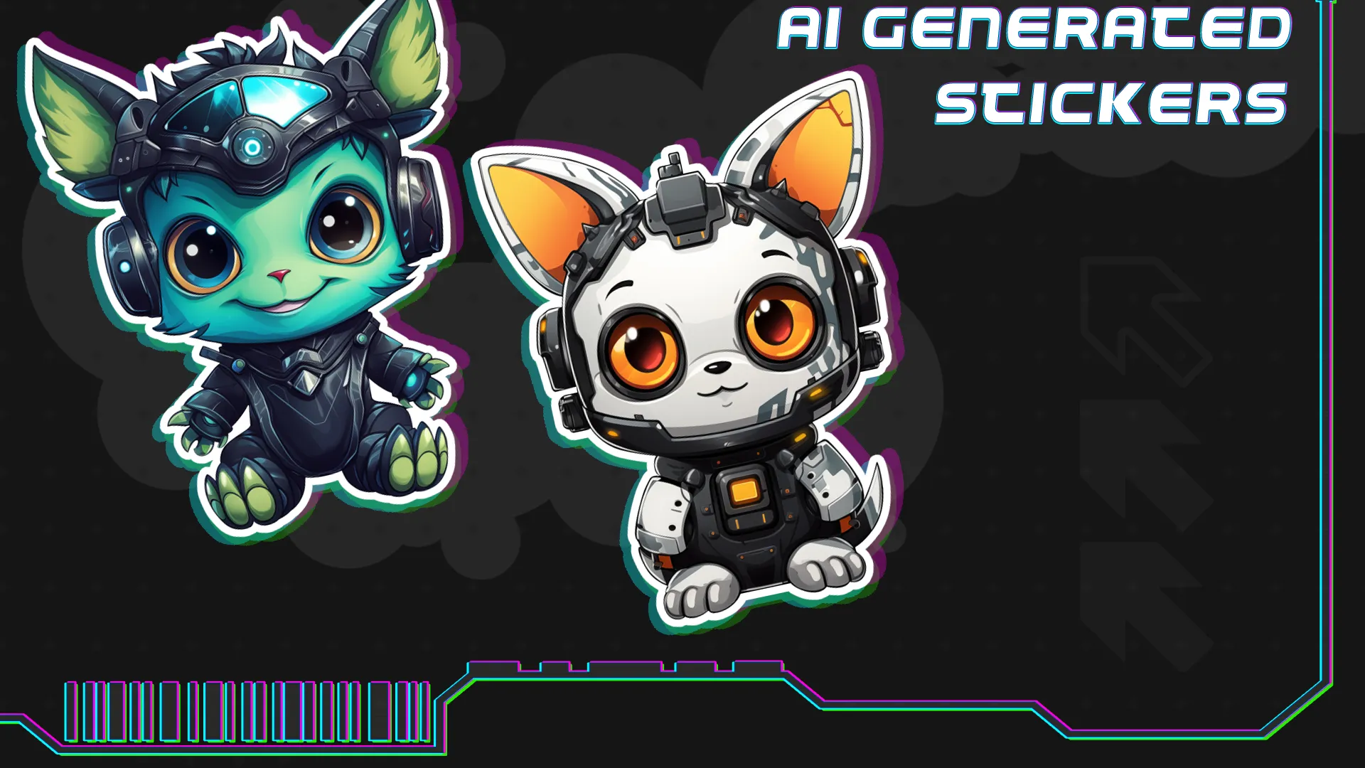 Two stylized cyberpunk fox character stickers used as decals.