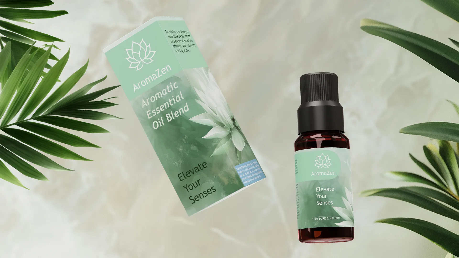 Close-up of the essential oil box with the bottle slightly out of focus in the background.