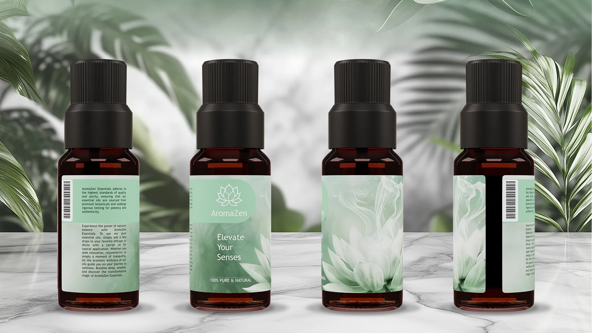 Four amber glass bottles with mint labels arranged on a white marble stone base.