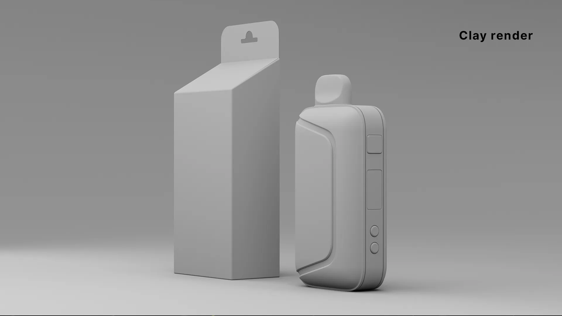 Split comparison image showing the wireframe topology above and the clay render below of the vape device and box.