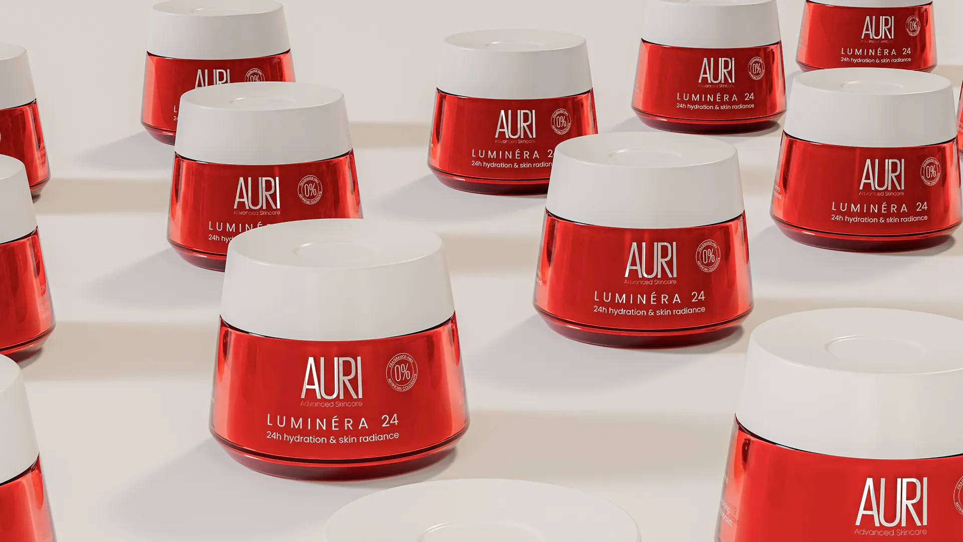 Multiple red cosmetic jars with white lids arranged in a repeating grid pattern.