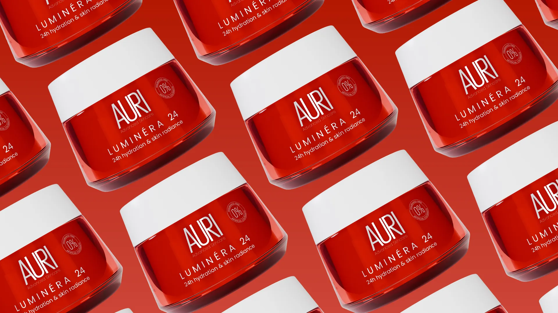 An overhead-style grid showing rows of red cosmetic jars from an isometric view.