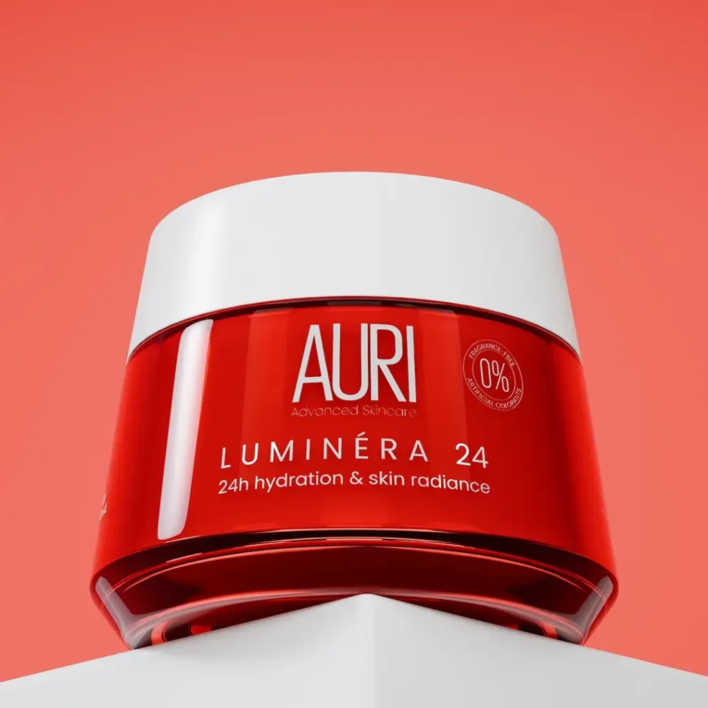 A premium red cosmetic jar on a minimalist white pedestal with a solid red