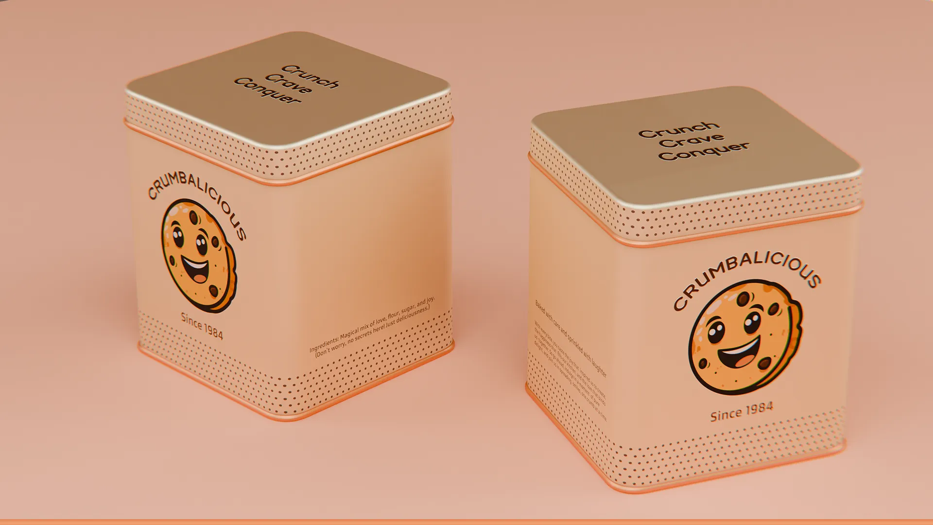 Two Crumbalicious cookie tins displayed side by side in 3D packaging render