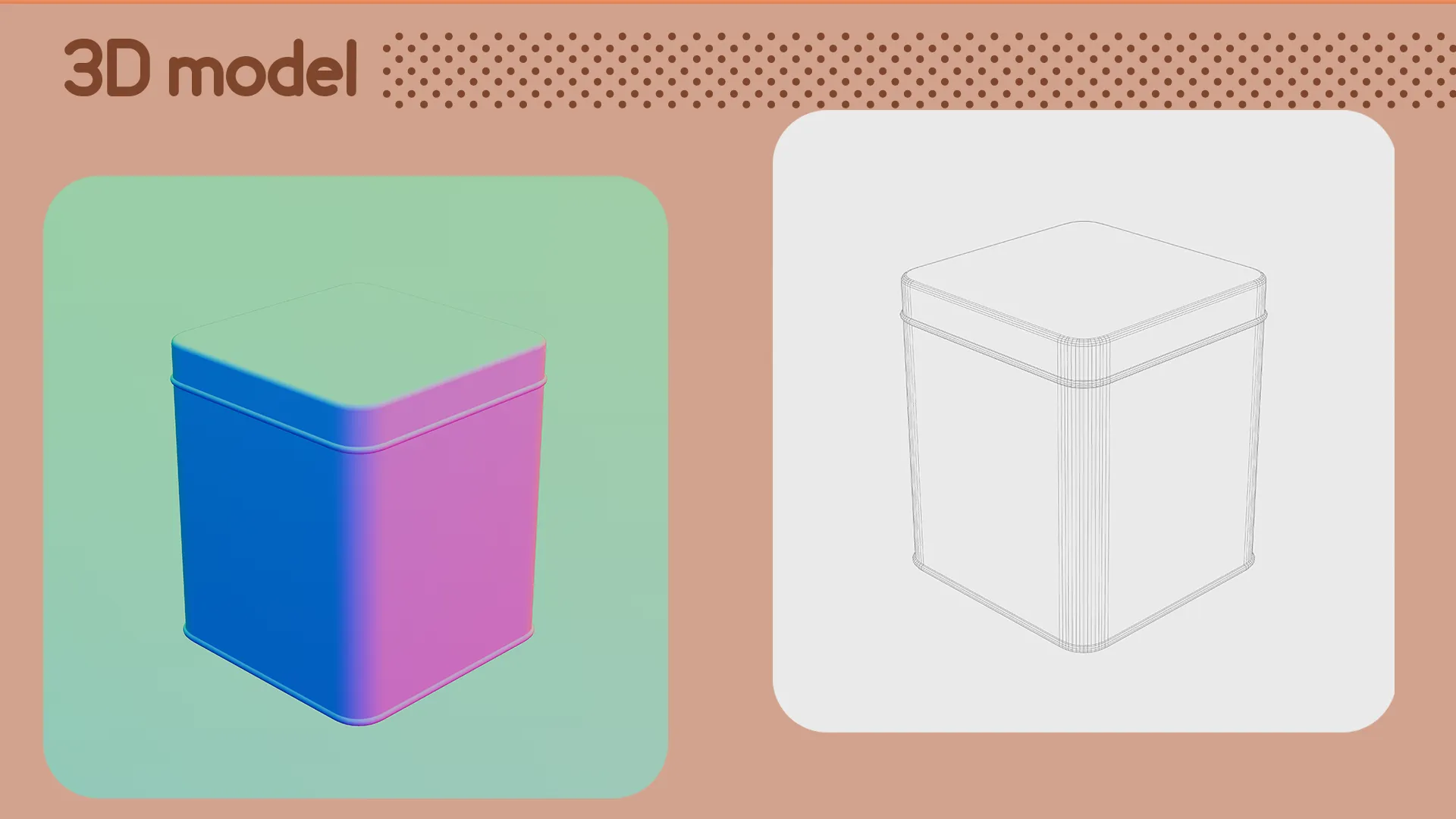 3D model wireframe and normal map preview of cookie tin packaging design