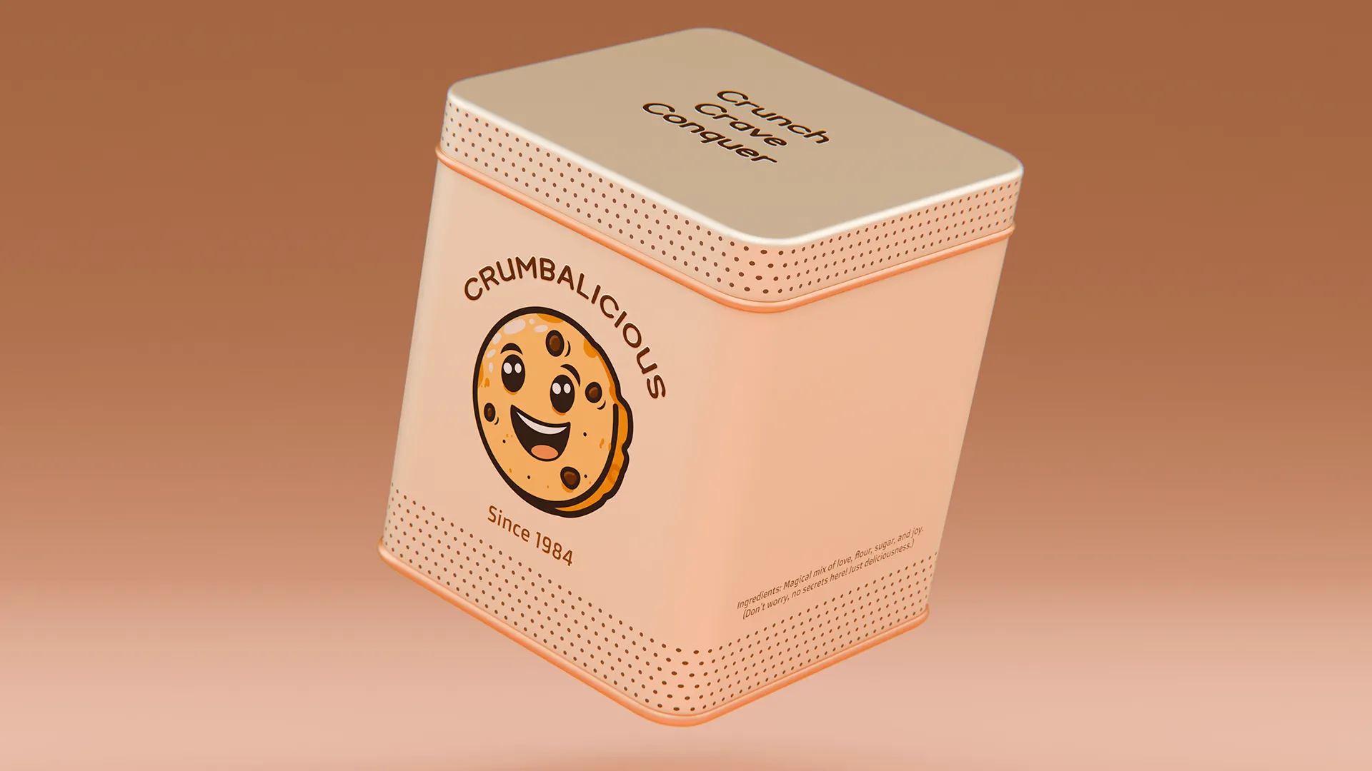 3D render of Crumbalicious cookie tin packaging with smiling cookie logo and premium metal finish