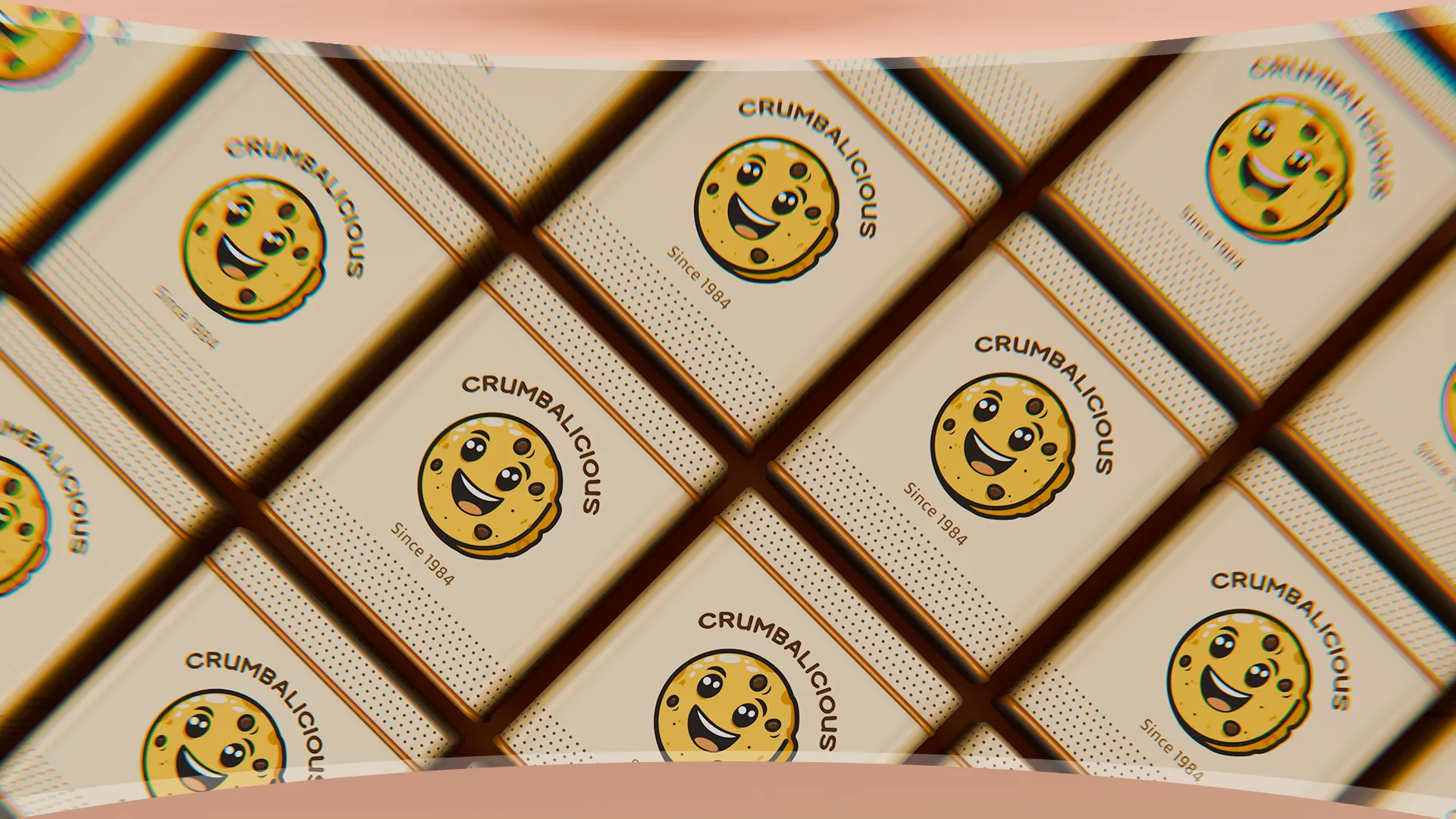 Multiple Crumbalicious cookie tins arranged in a grid layout 3D render