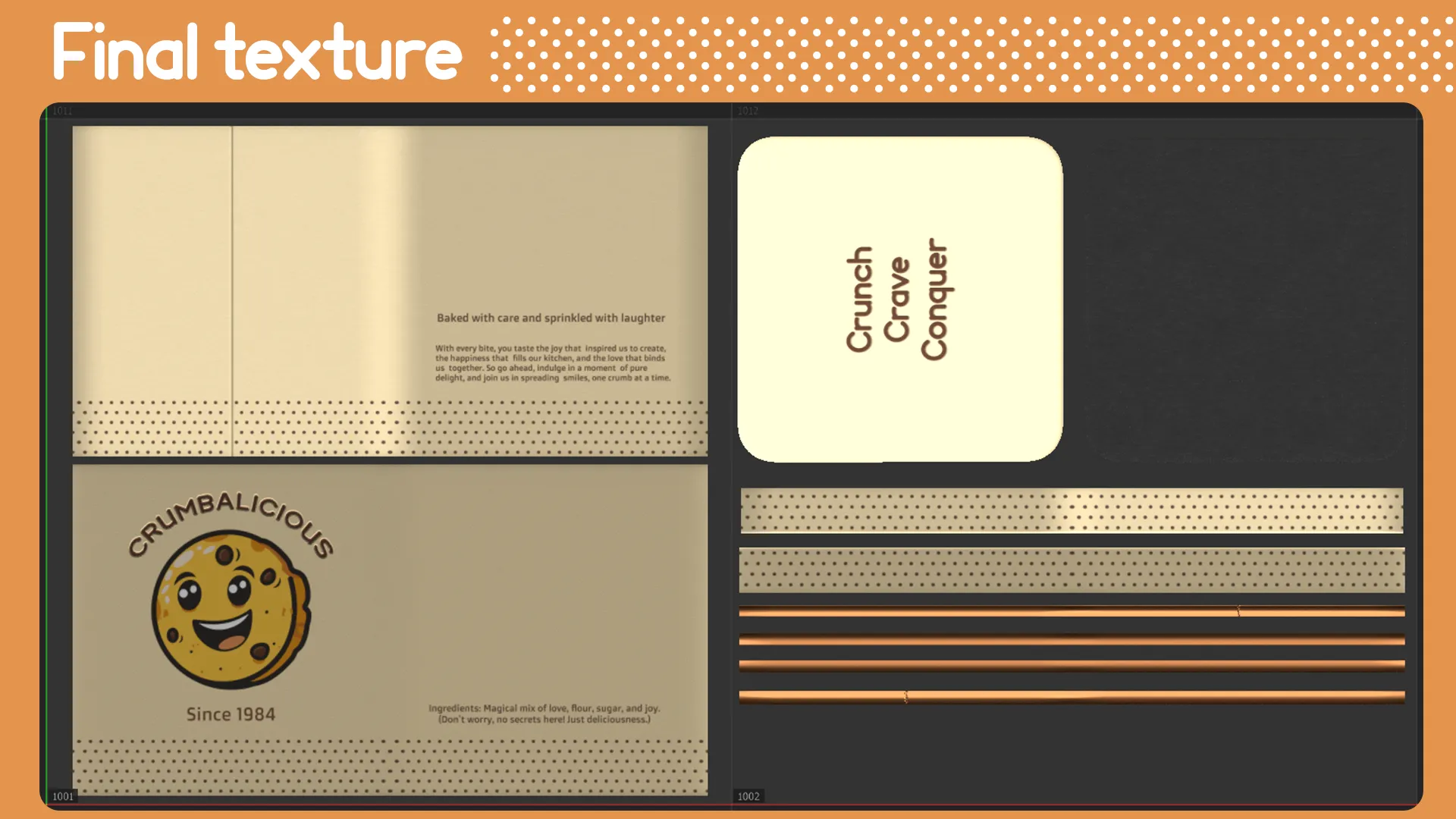 Final texture maps for Crumbalicious cookie tin packaging design