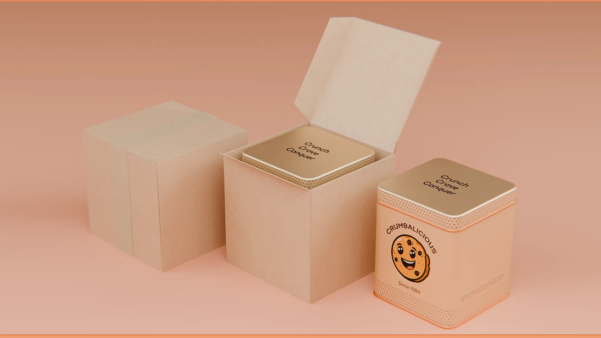 Crumbalicious cookie tin packaging with protective box mockup in 3D render