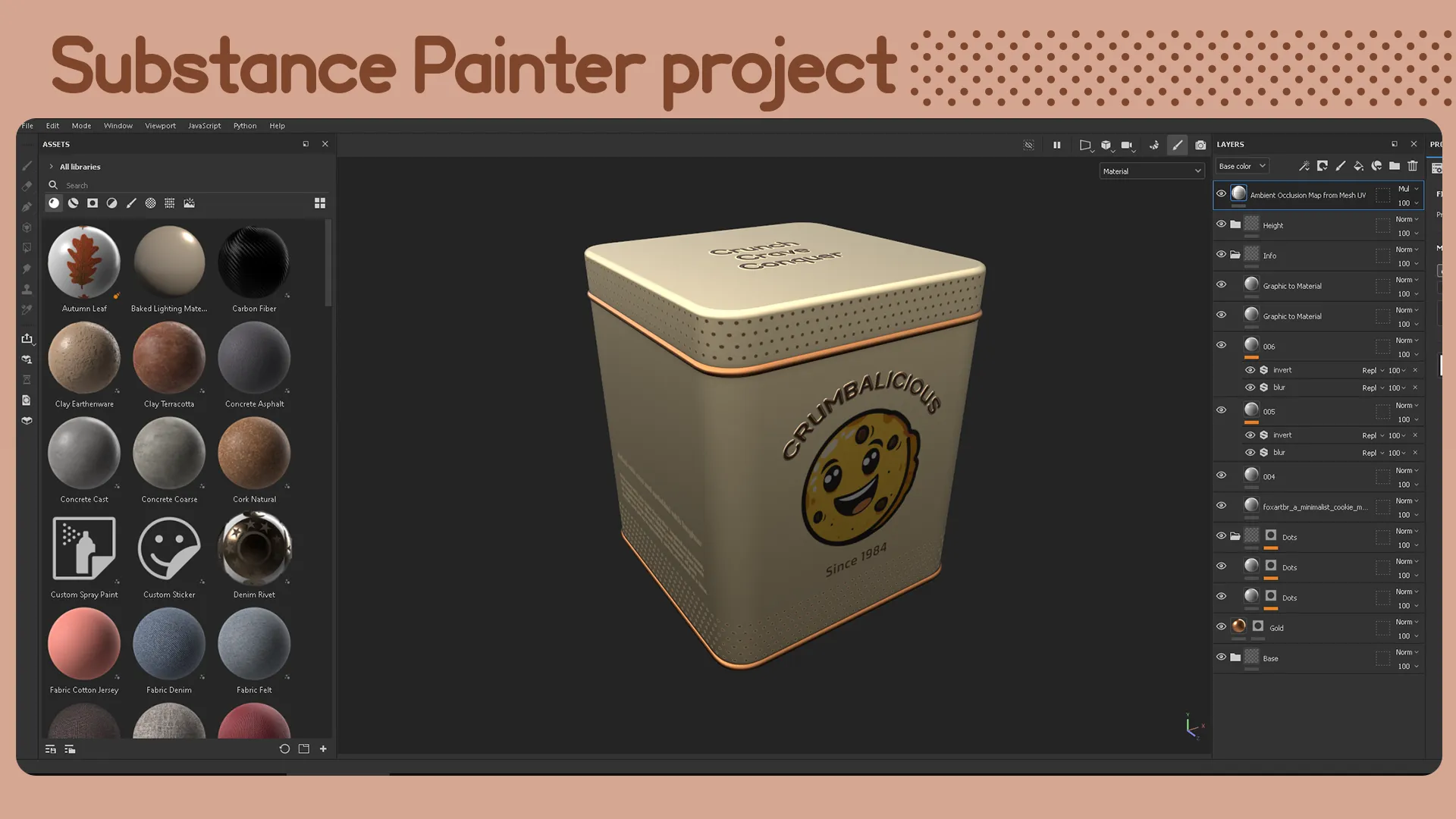 Substance Painter texturing process for cookie tin packaging design