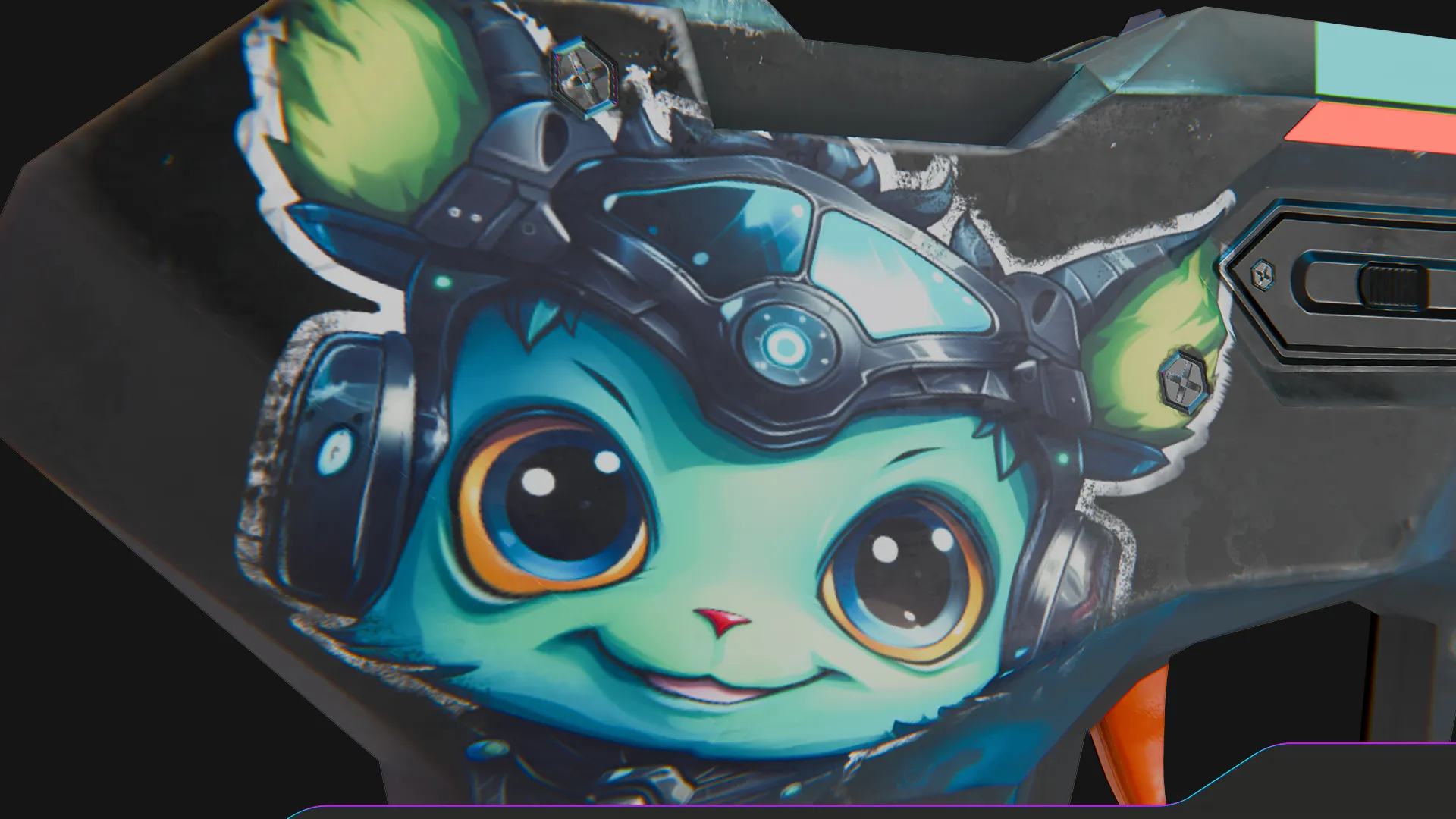 Close-up of green cyberpunk fox character sticker applied to weapon body.