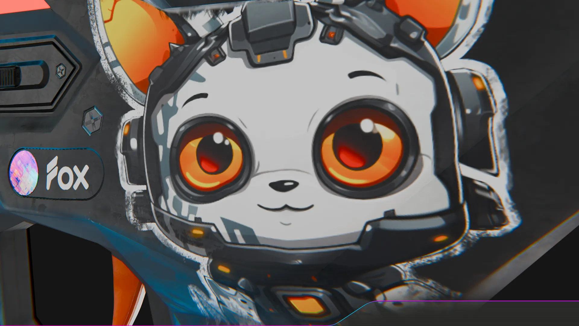 Close-up of robotic fox character sticker applied to cyberpunk weapon surface.