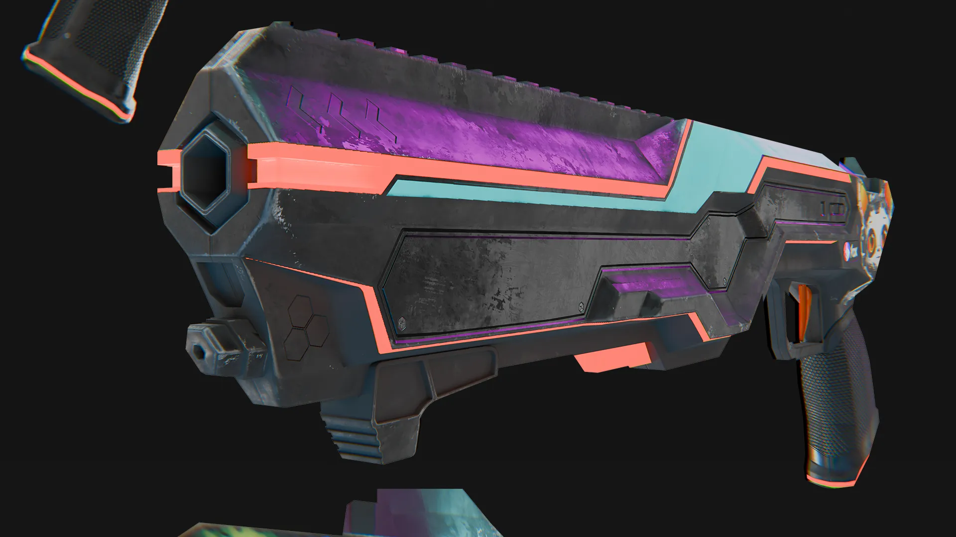 Rear angle render of futuristic cyberpunk pistol with glowing accents.