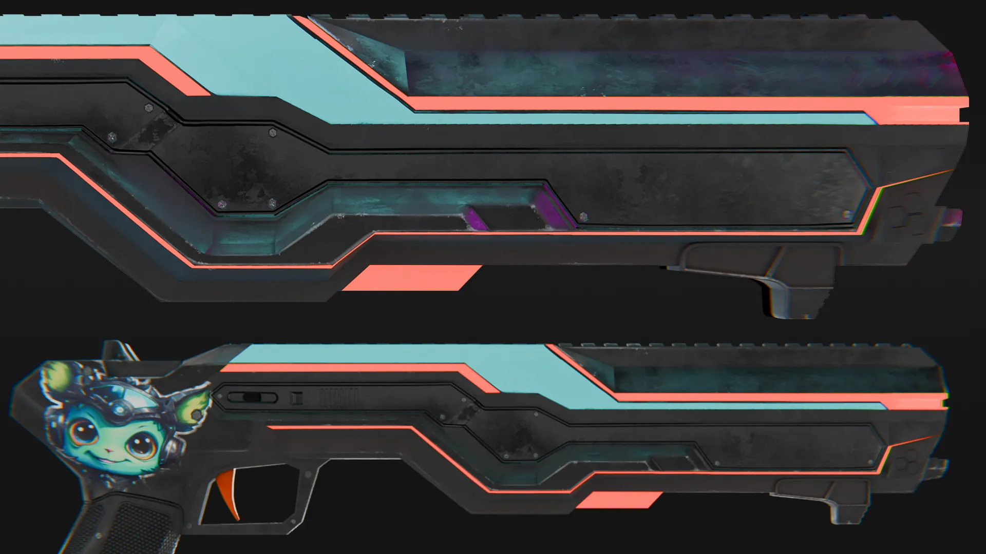 Close-up of cyberpunk weapon side showing worn metal texture and neon emissive lines.