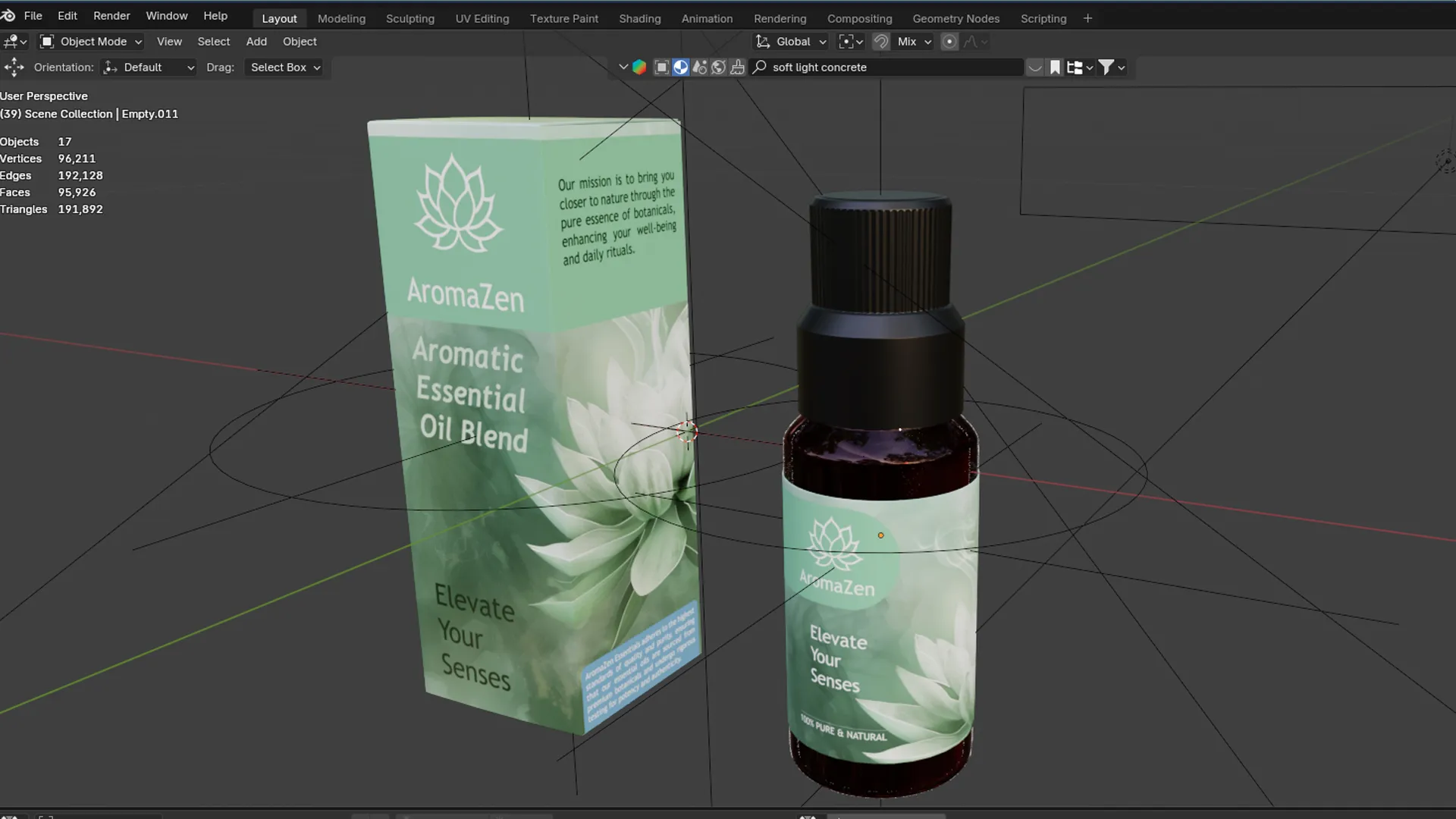 A 3D software viewport showing the untextured geometry of the bottle and box.