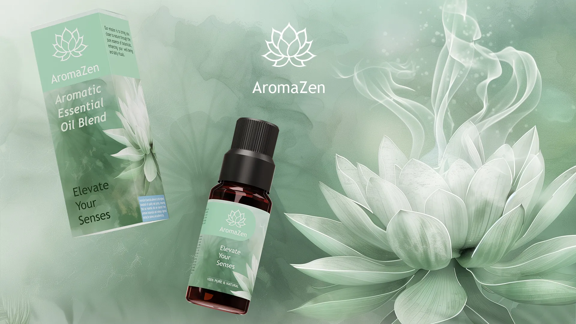 A premium amber glass dropper bottle with mint green packaging and a white lotus flower.