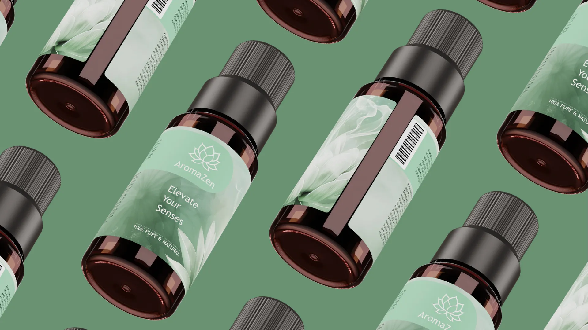 A repeating pattern of amber dropper bottles against a solid mint green background.