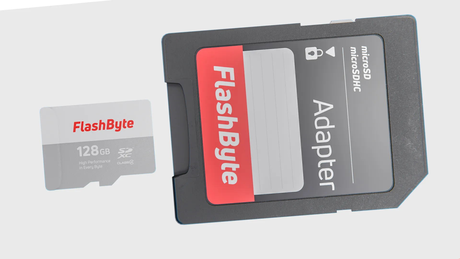 Close-up 3D render of FlashByte SD card adapter and microSD 128GB.