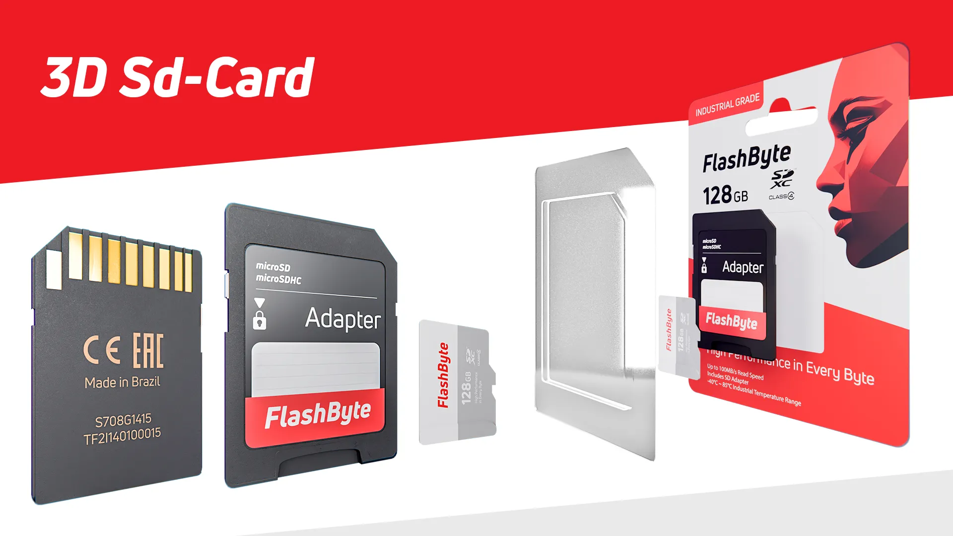 3D SD card product breakdown showing microSD, adapter and retail packaging components.