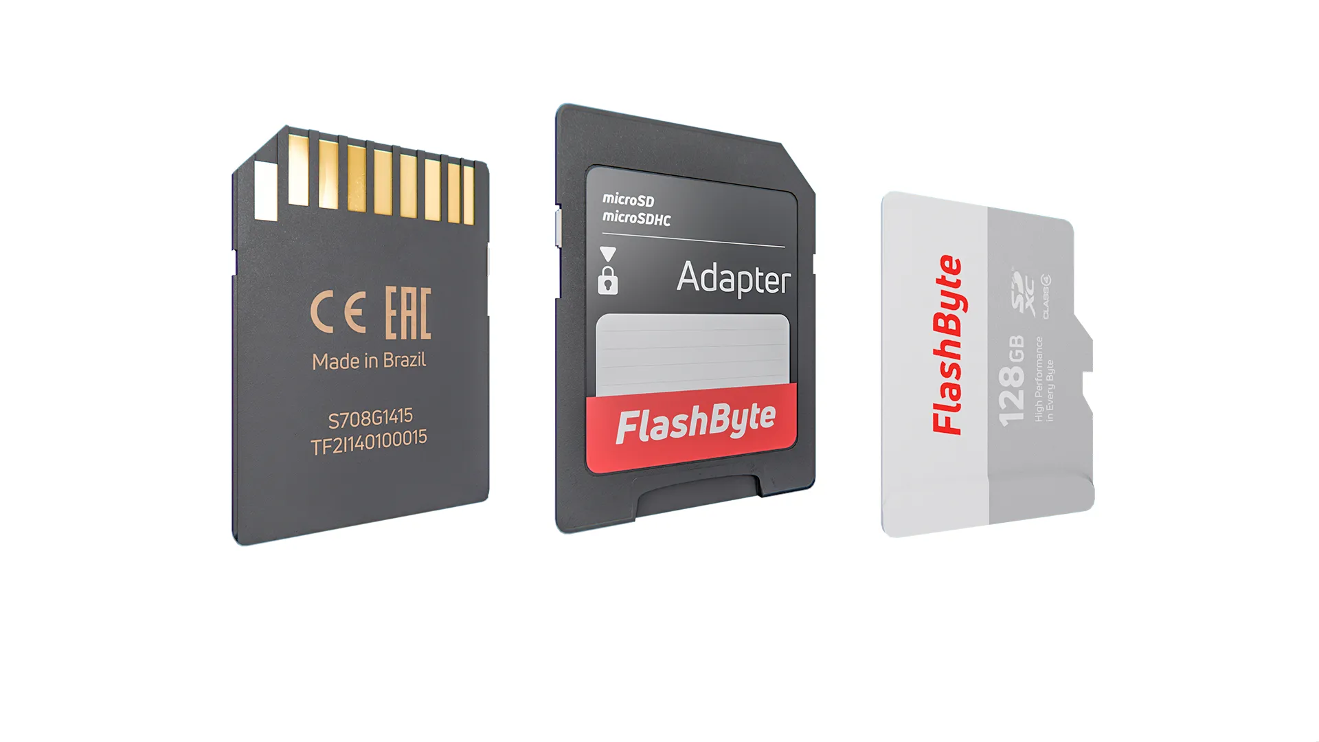 3D render of microSD card, SD adapter and certification details.