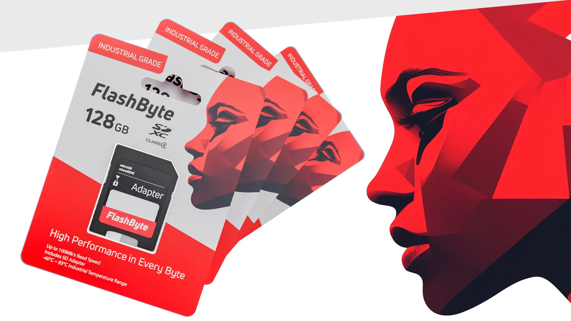 FlashByte 128GB industrial-grade SD card packaging design with geometric artwork.