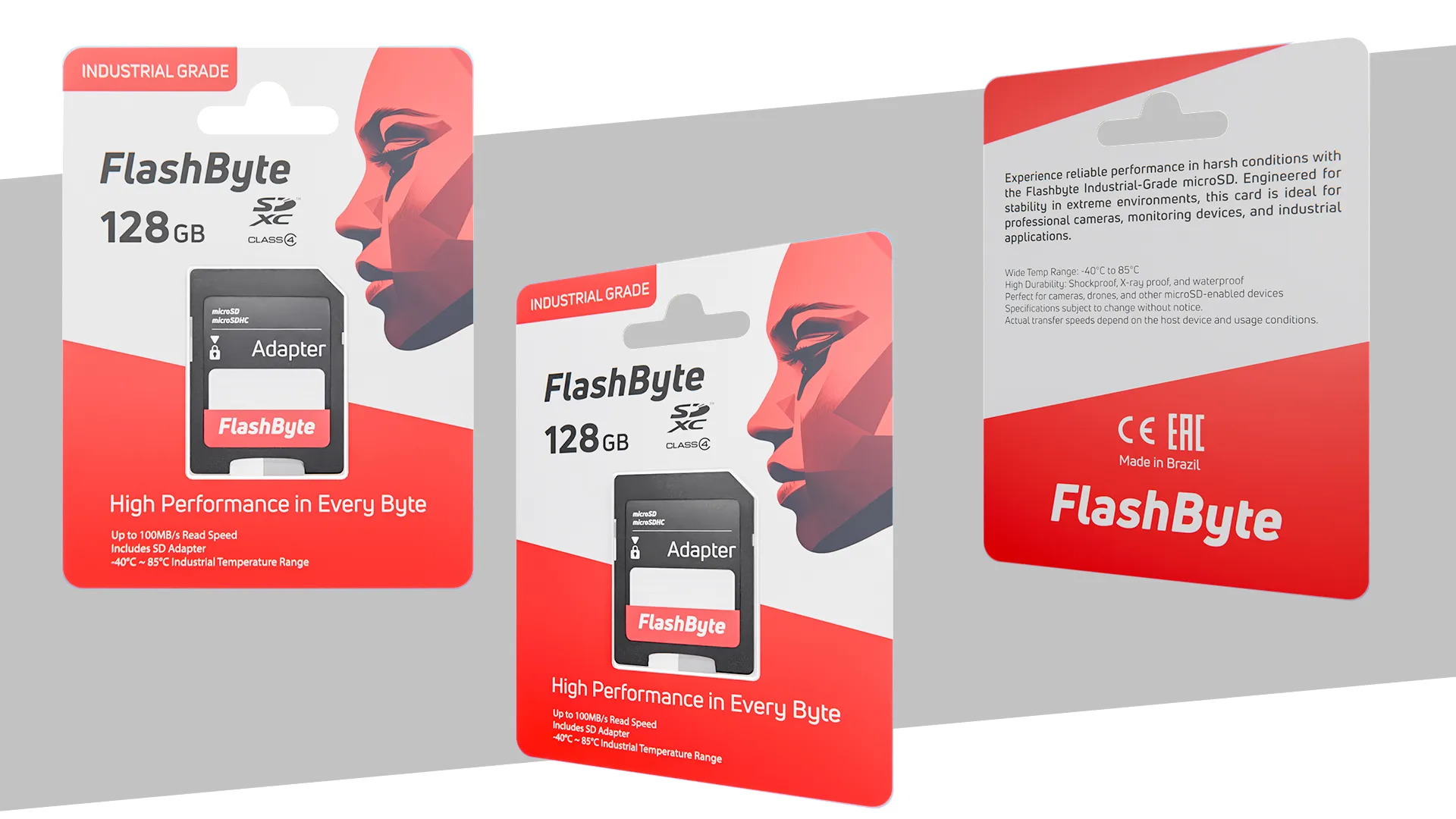 Front and back 3D render of FlashByte SD card retail packaging.