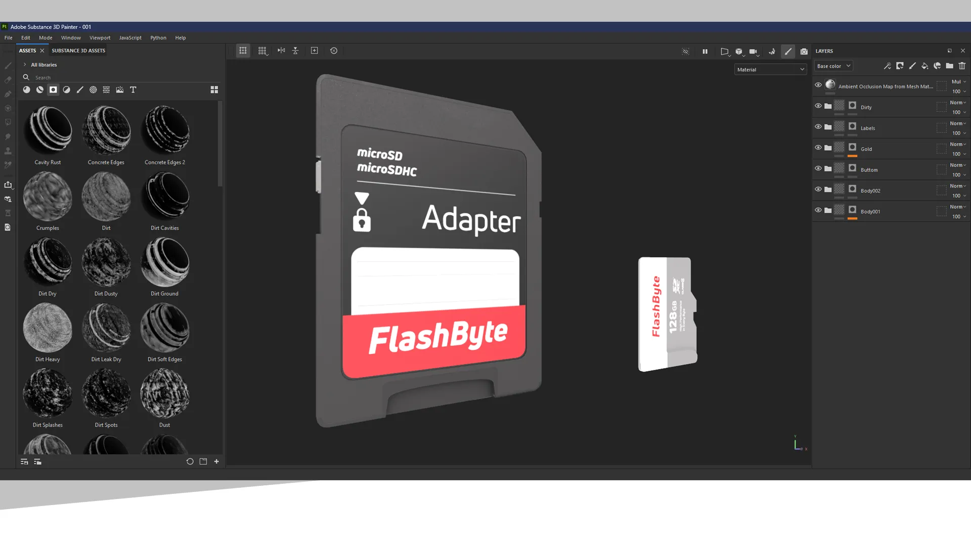Substance Painter interface showing SD card texturing workflow.