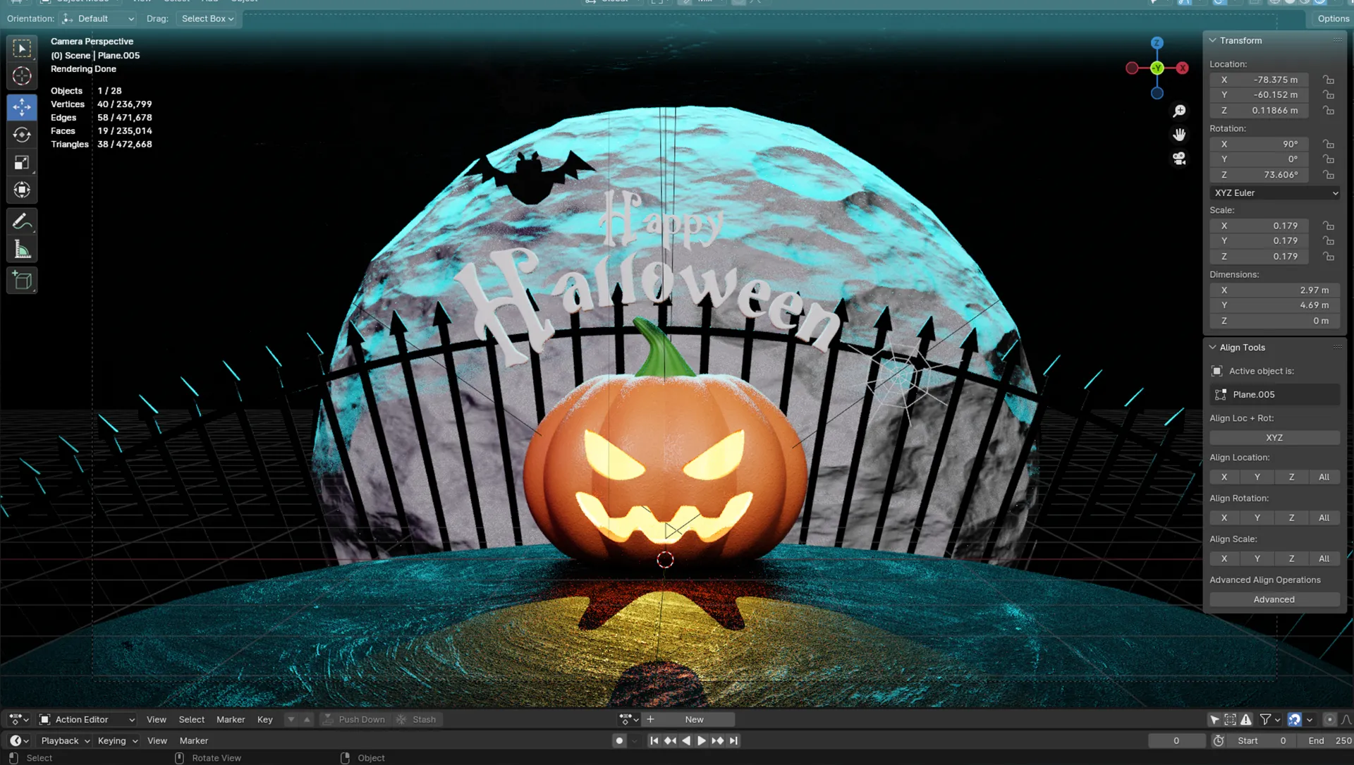 Blender viewport showing Halloween pumpkin scene with lighting setup.