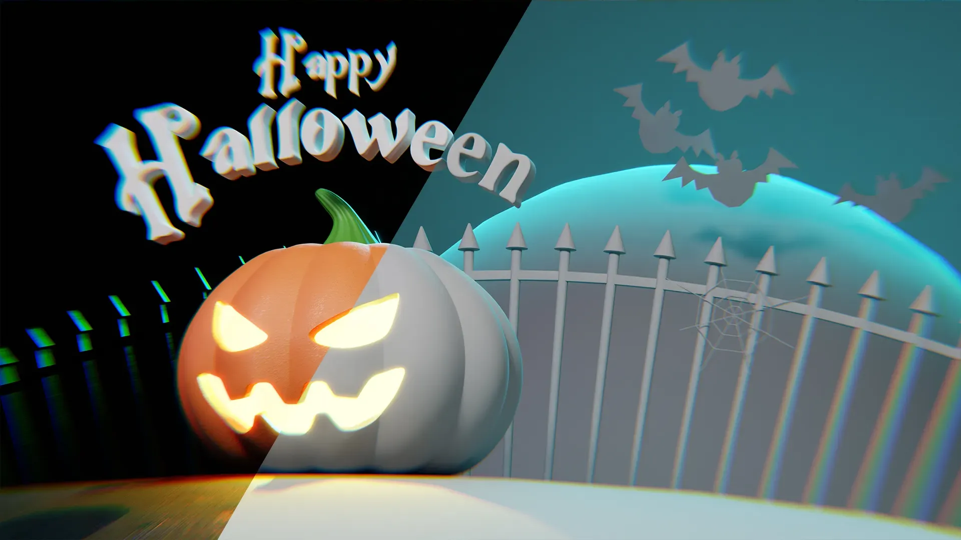 Before and after comparison of textured Halloween scene and clay render.