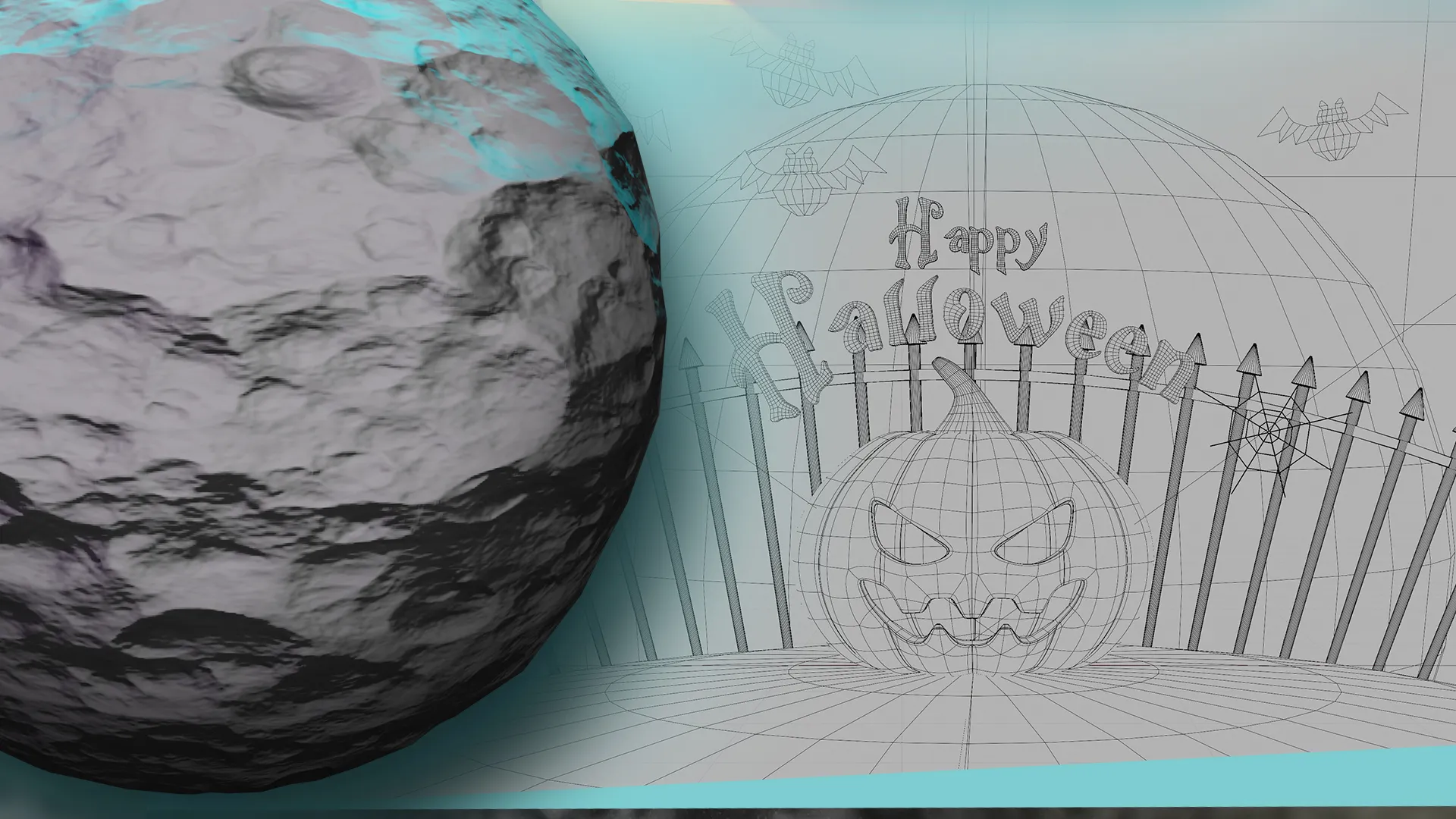 Wireframe breakdown of 3D Halloween pumpkin scene.