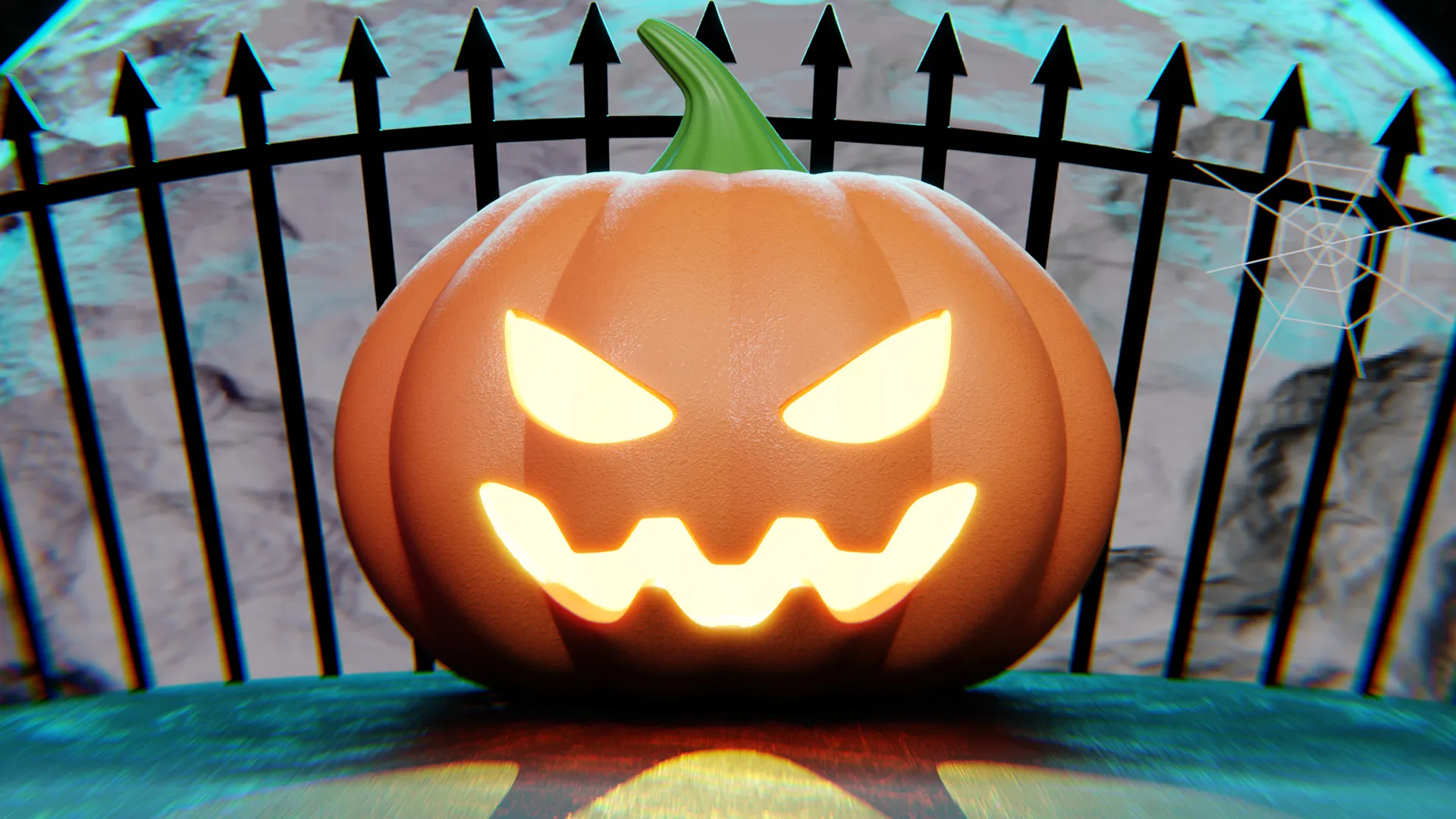 Close-up of 3D jack-o’-lantern pumpkin with glowing eyes and mouth.