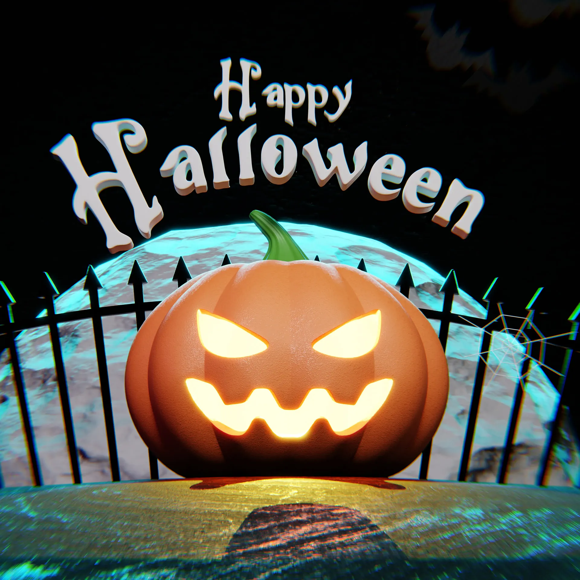 3D Halloween pumpkin with glowing carved face in front of a moon and gothic fence.