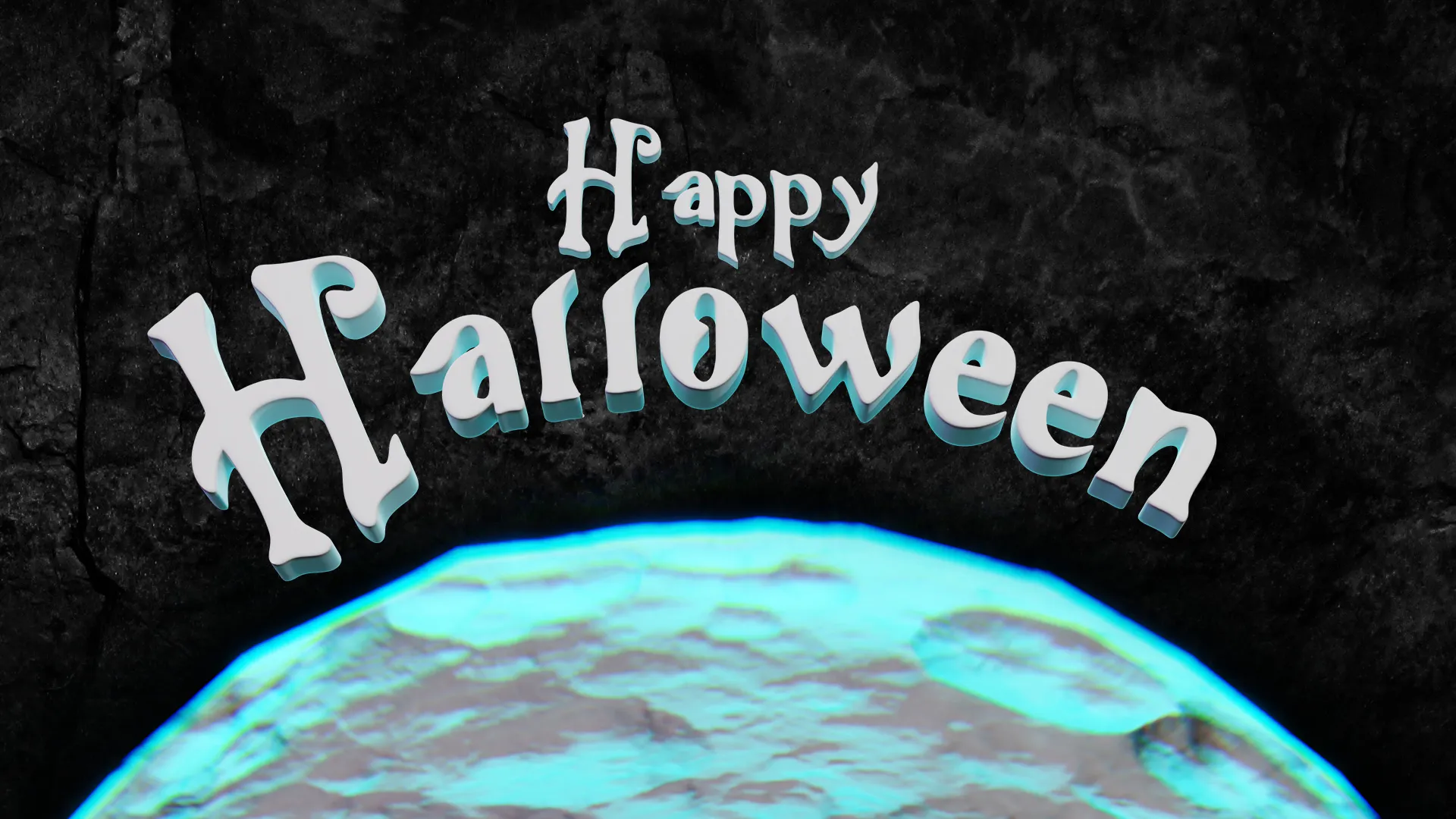 Happy Halloween 3D typography over a glowing moon background.