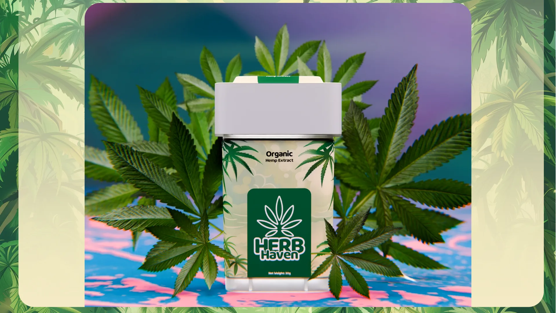 Close-up of one hemp extract canister with large hemp leaves in the background.
