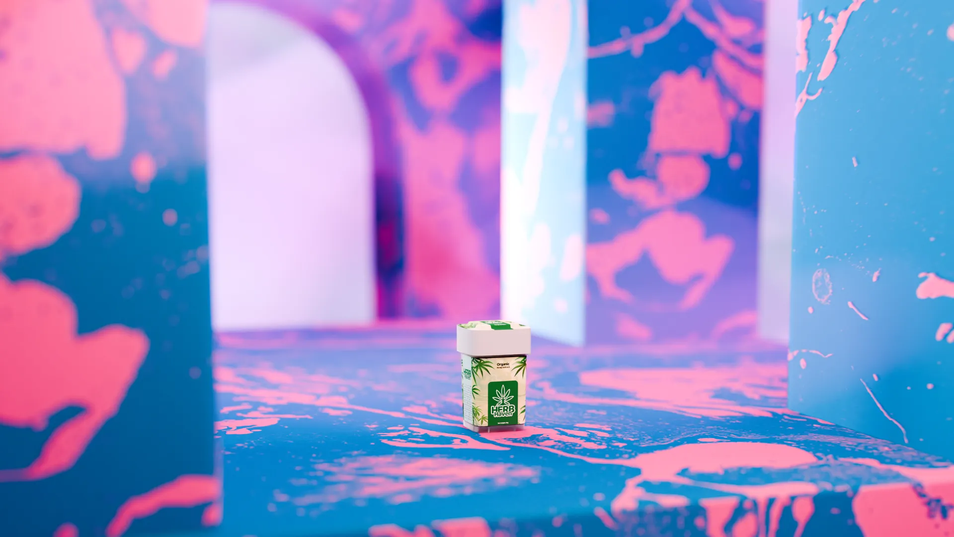 A single hemp extract canister placed in a minimalist 3D environment with an arch.