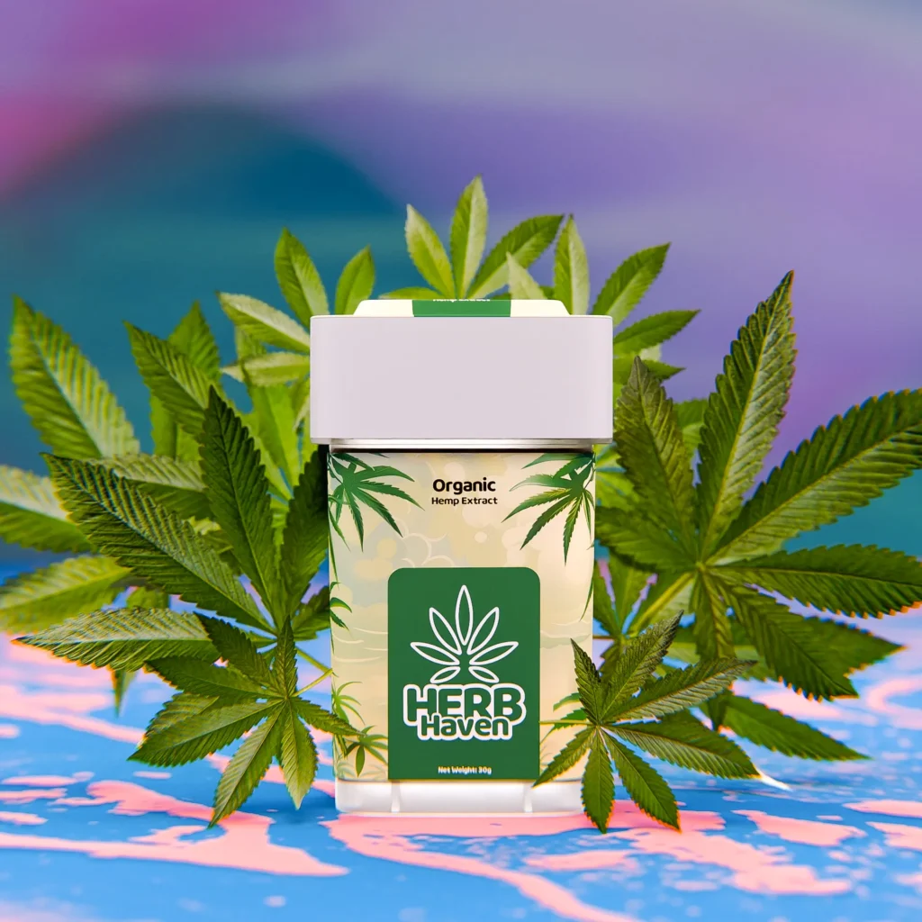 Square hero render of three premium hemp extract containers on a vibrant background